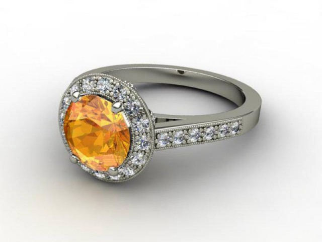 Natural Golden Citrine and Diamond Ring. Platinum (950)