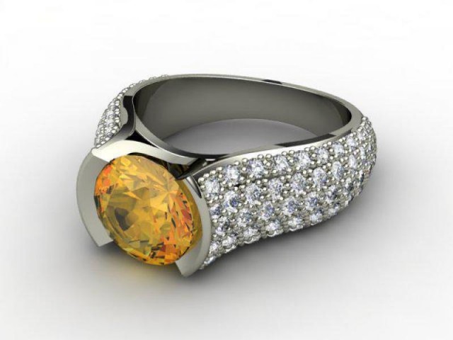 Natural Golden Citrine and Diamond Ring. 18ct White Gold