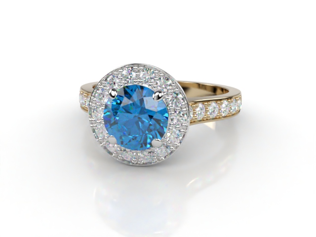Natural Sky Blue Topaz and Diamond Halo Ring. Hallmarked 18ct. Yellow Gold