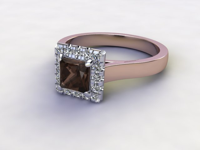 Natural Smoky Quartz and Diamond Halo Ring. Hallmarked 18ct. Rose Gold