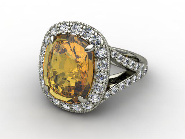Natural Golden Citrine and Diamond Ring. Platinum (950)
