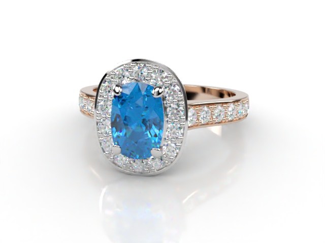 Natural Sky Blue Topaz and Diamond Halo Ring. Hallmarked 18ct. Rose Gold