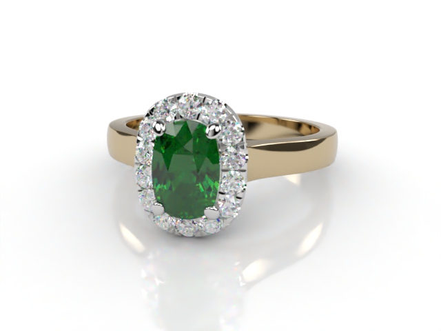 Natural Green Tourmaline and Diamond Halo Ring. Hallmarked 18ct. Yellow Gold