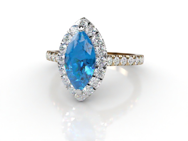 Natural Sky Blue Topaz and Diamond Halo Ring. Hallmarked 18ct. Yellow Gold