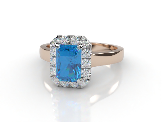 Natural Sky Blue Topaz and Diamond Halo Ring. Hallmarked 18ct. Rose Gold