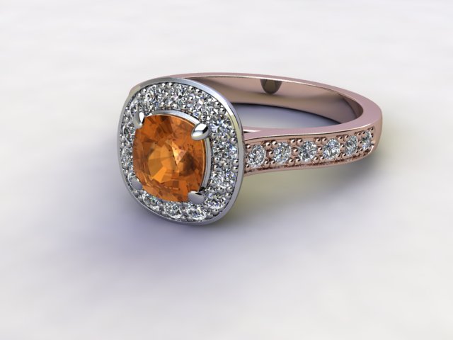 Natural Golden Citrine and Diamond Halo Ring. Hallmarked 18ct. Rose Gold