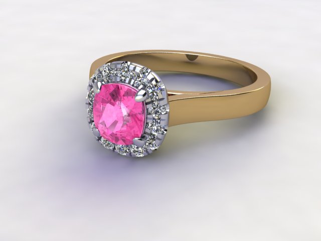Natural Pink Sapphire and Diamond Halo Ring. Hallmarked 18ct. Yellow Gold